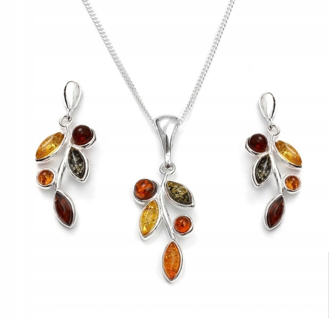 Stříbrná Sada Šperků S Přívěskem A Náušnice Větvička Baltský Jantar