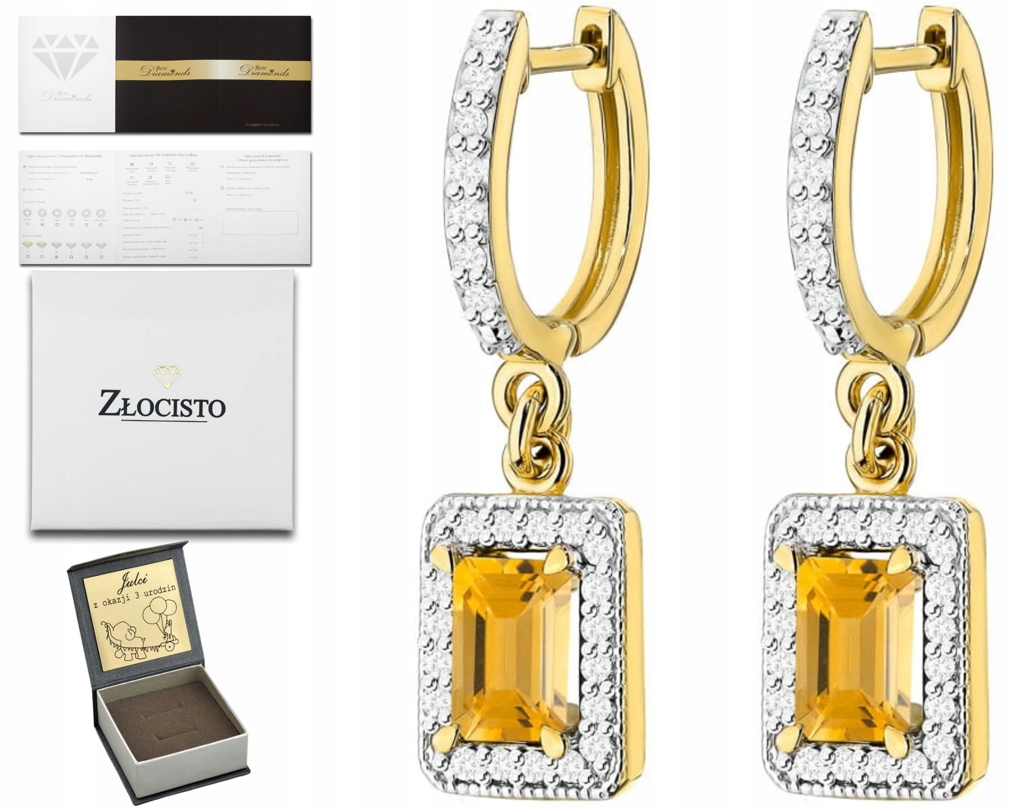Zlaté Náušnice Přírodní Kámen Citron A Závěsné Diamanty 585 Gravírování