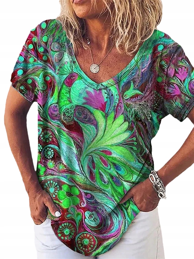 ELEGANCKA KOBIECA BLUZKA T-SHIRT NADRUK ABSTRAKCJA Dekolt okrągły