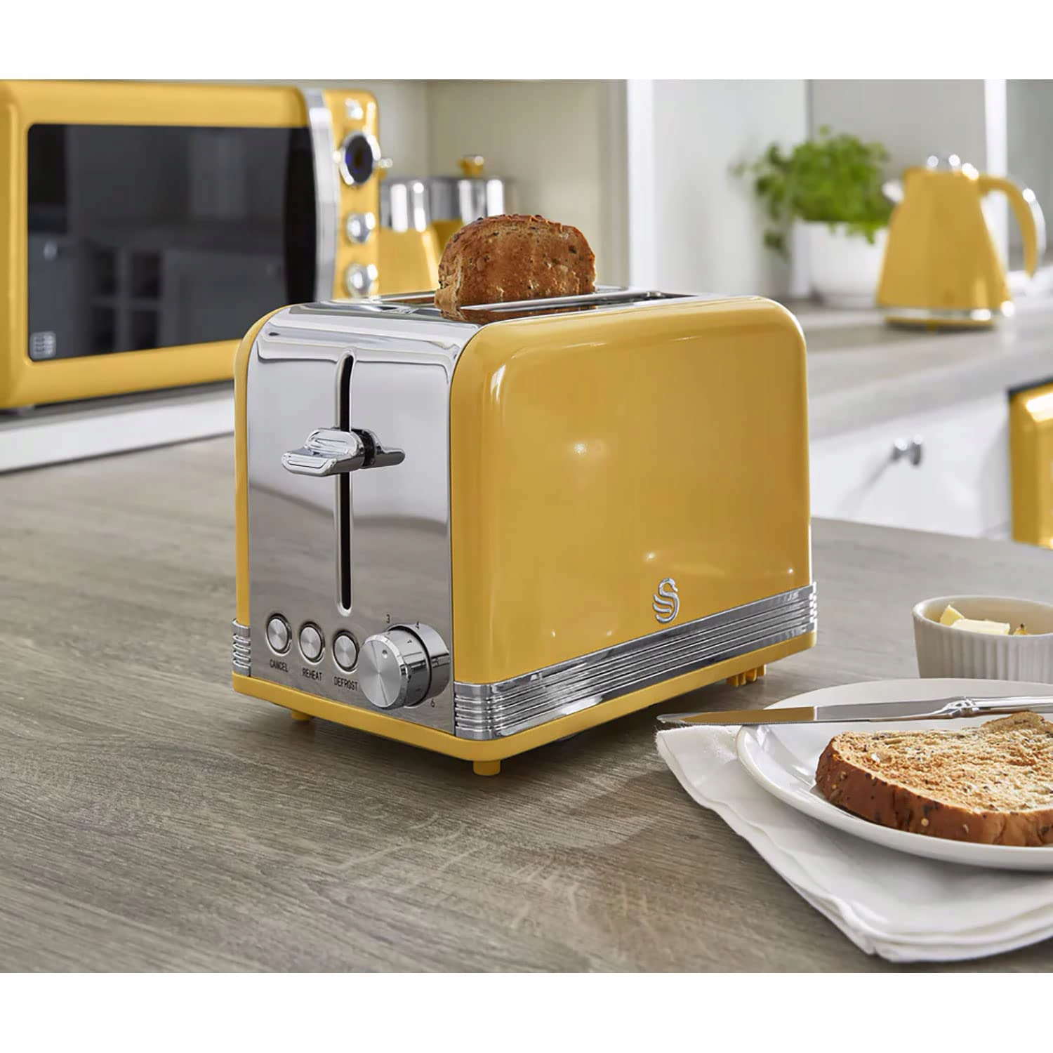SWAN Retro Toster Vintage 2-Slotowy Żółty 815W Regulacja Stopnia Opiekania — miniatura 3