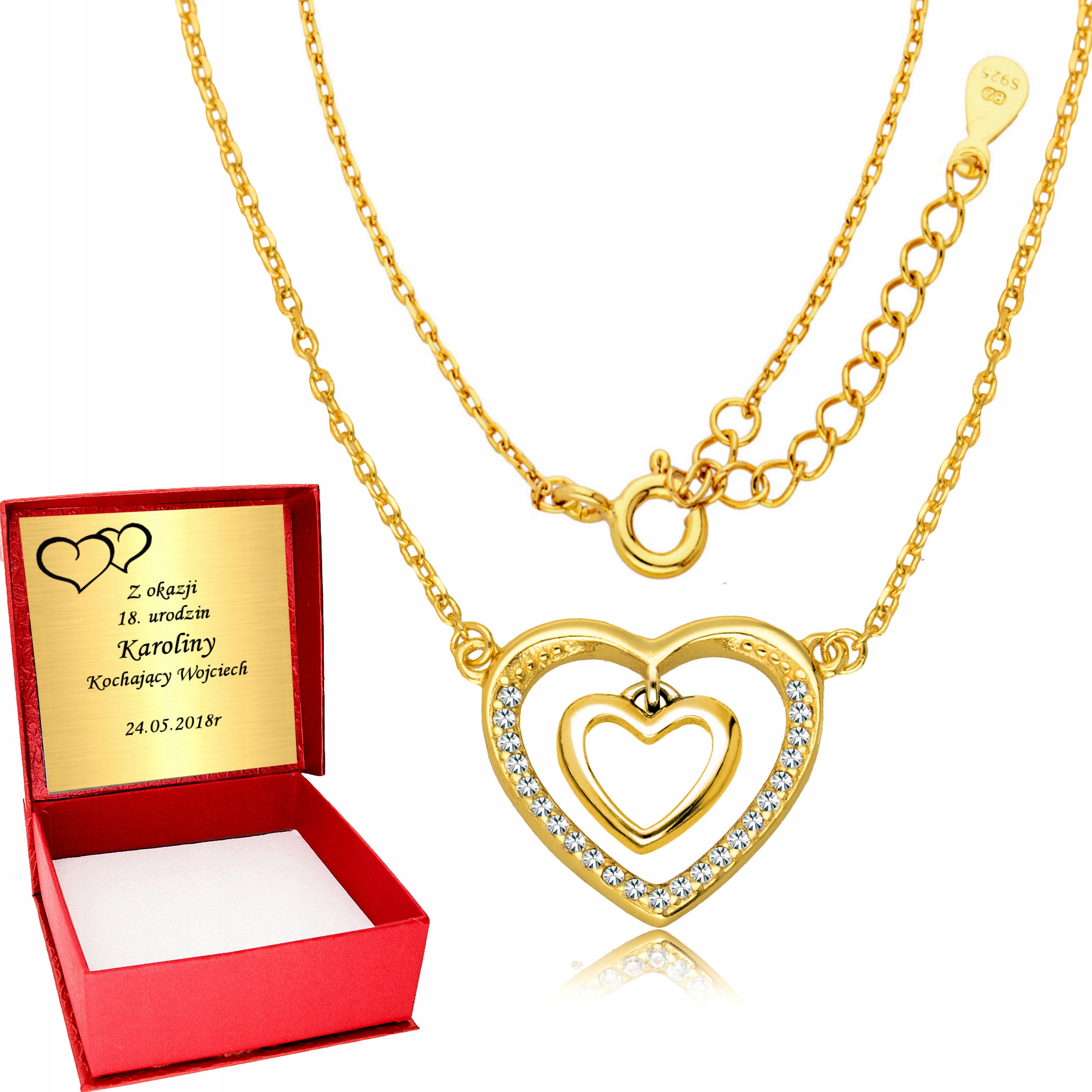 Złoty Łańcuszek 925 Serce w Sercu Grawer