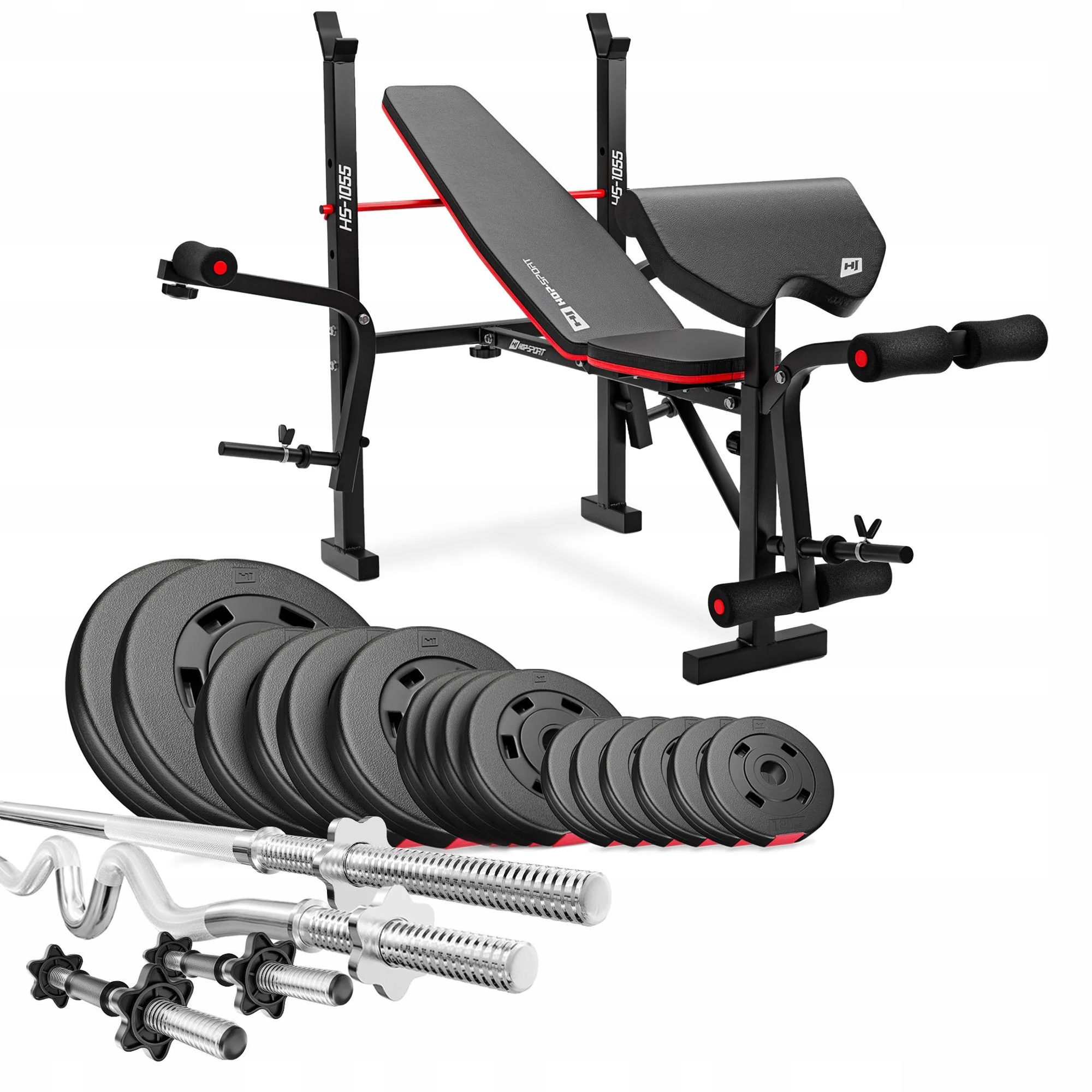 Zestaw obciążeń 76kg z regulowaną ławką gryfami do ćwiczeń ze stojakami