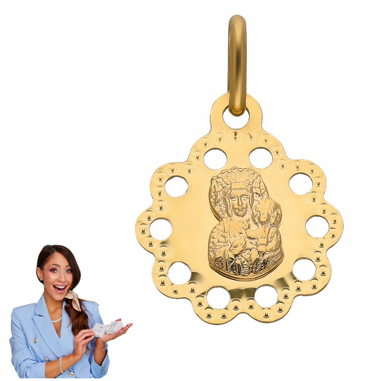 Zlatý Medailonek Panna Maria Čenstochovská Čestochowskovské S Diamanty Za Křest A Svaté Přijímání Au585