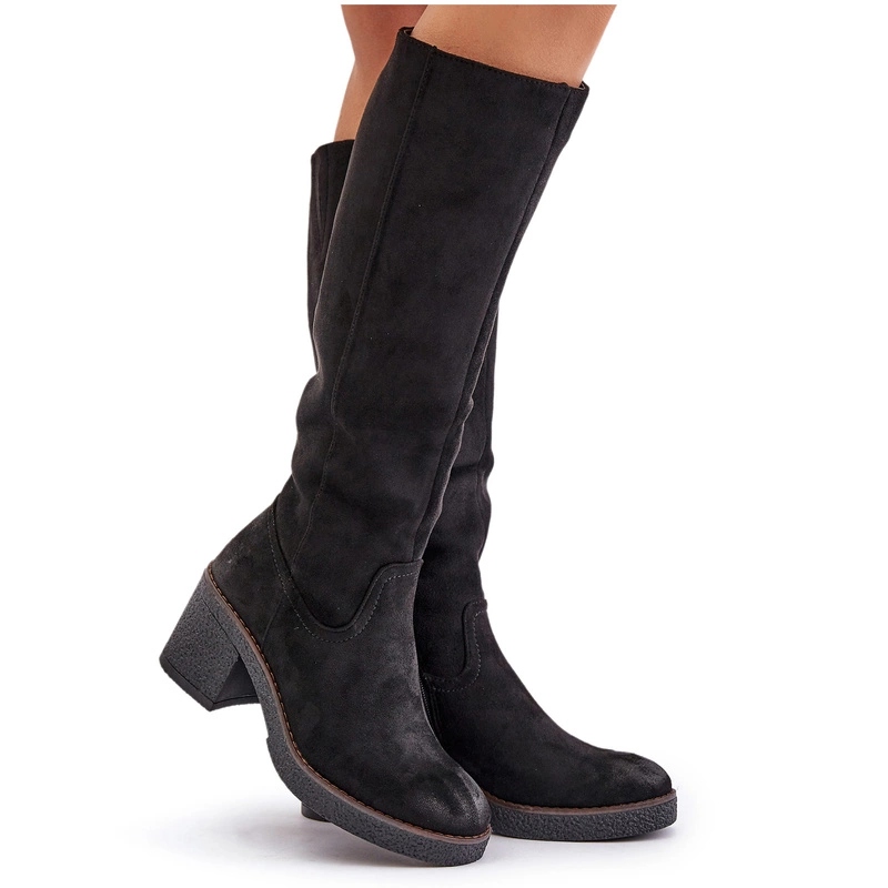 Kozačky Podpatek Sloupek Eko Kůže Na Zip Před Koleno Zateplené Černé 37