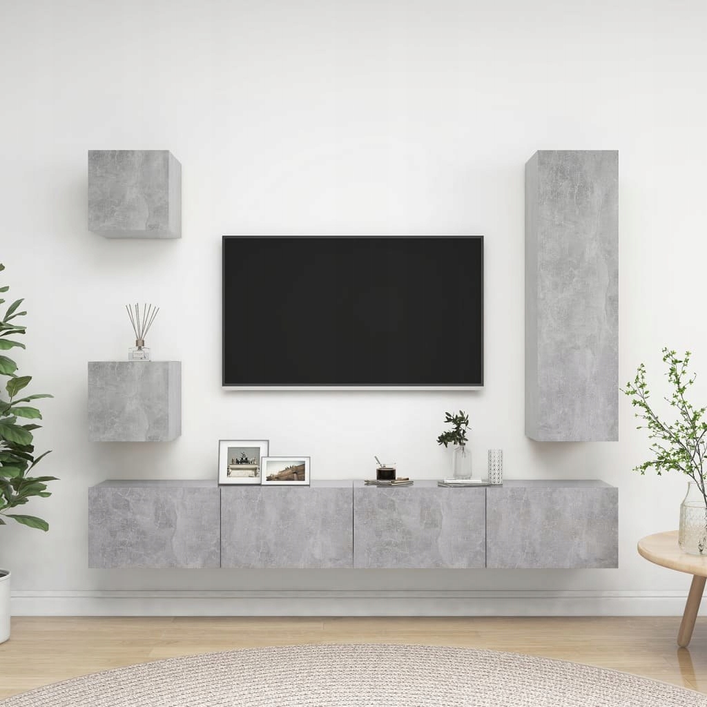 5-dílná sada televizních skříněk, šedá barva betonu, deska