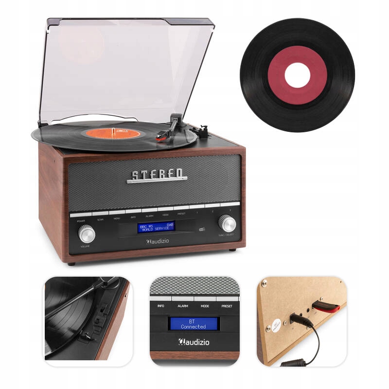 Gramofon retro z radiem Dab+ Fm bluetooth brązowy z głośnikami Audizio