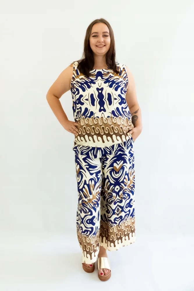 Atlasový komplet Kalhoty a halenka na ramínkách Námořnická Modrá a Béžová Uni