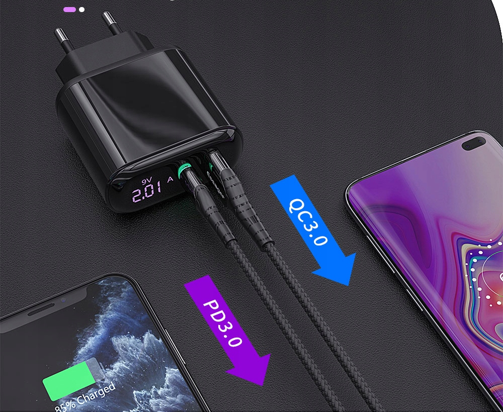 Szybka Ładowarka zasilacz 2XUSB 20W LED AMPEROMIERZ / WOLTOMIERZ QC3.0+PD3 Kolor czarny