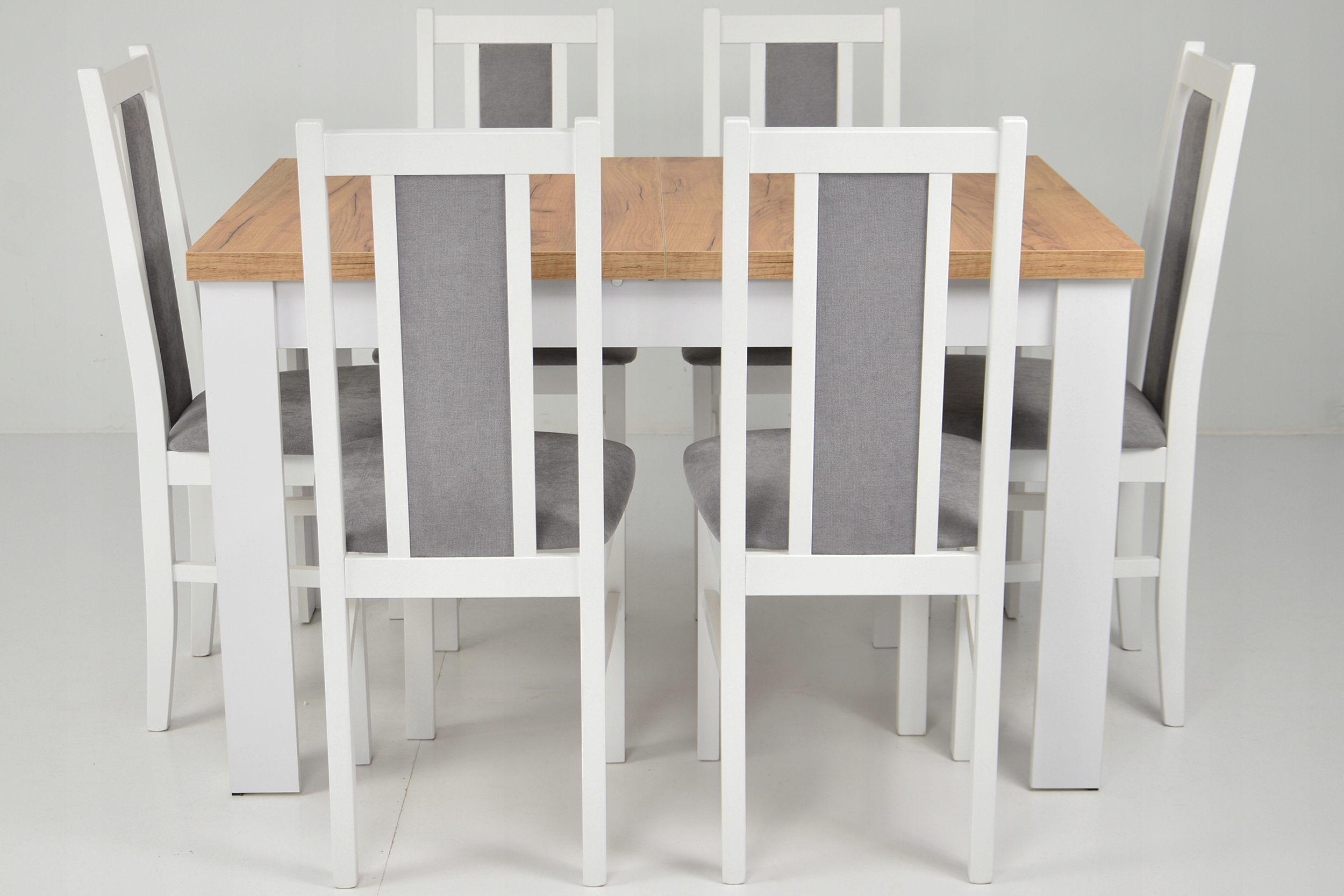 Zestaw do salonu STÓŁ ROZKŁADANY dąb craft do 160cm i 6 krzeseł DREWNIANYCH Marka Grande Meble