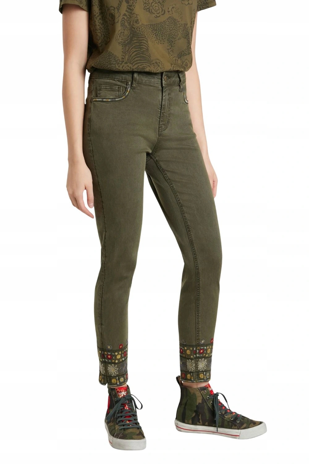 Dámské džínové kalhoty Desigual skinny zelené s výšivkou, velikost vel.