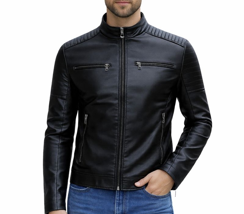 Kurtka męska czarna skórzana ramoneska biker z zamkami casual jesienna