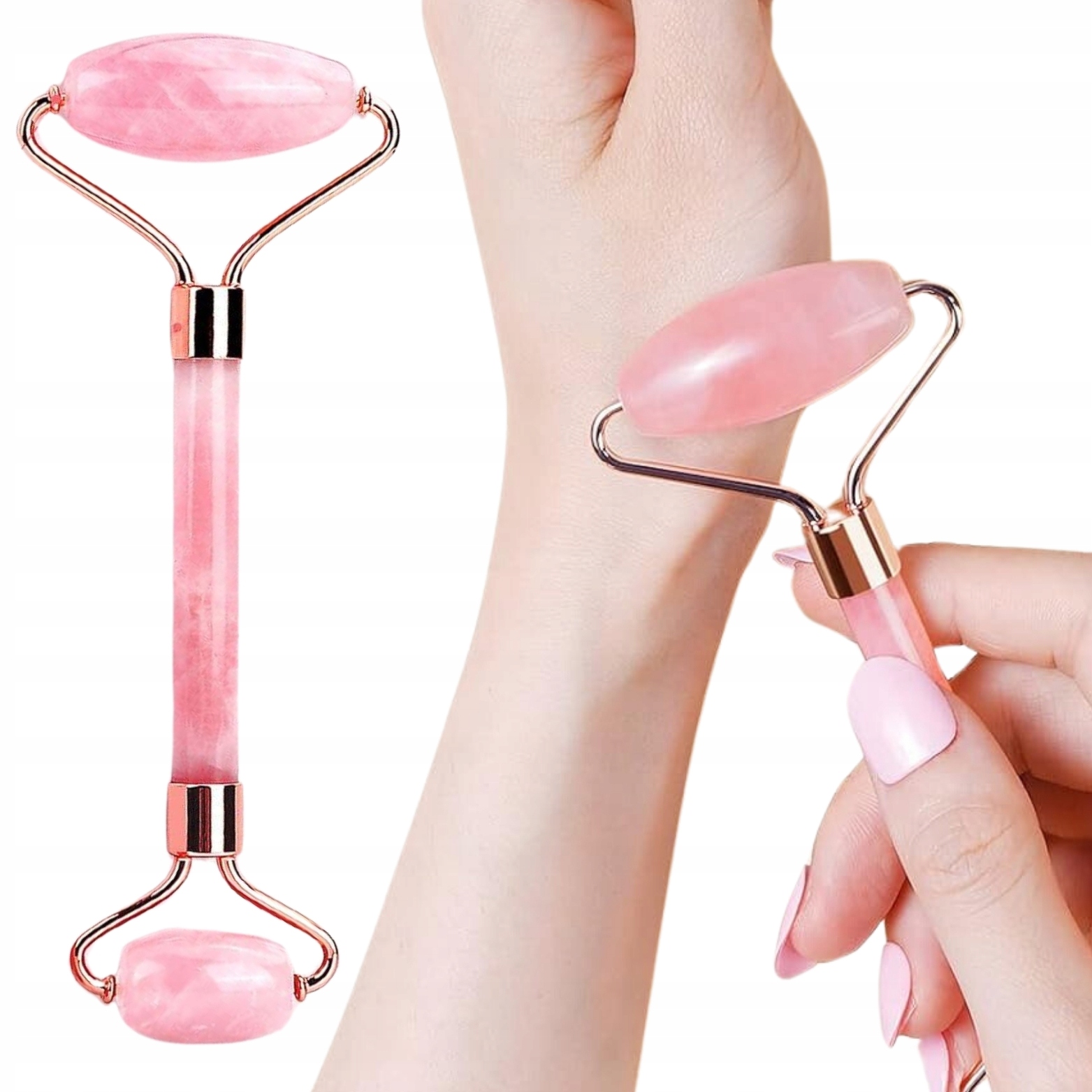 ROLLER KWARCOWY DO MASAŻU TWARZY CIAŁA KWARC RÓŻOWY NATURALNY WAŁEK Napięcie 0 V