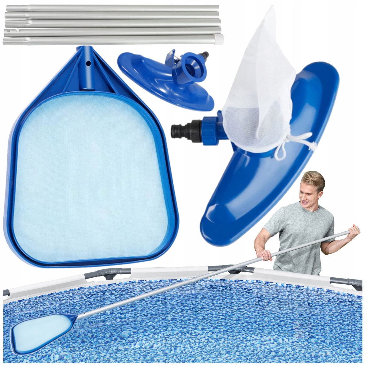 ZESTAW DO CZYSZCZENIA BASENÓW basenowy SZCZOTKA ODKURZACZ SIATKA NA KIJU Stan opakowania oryginalne