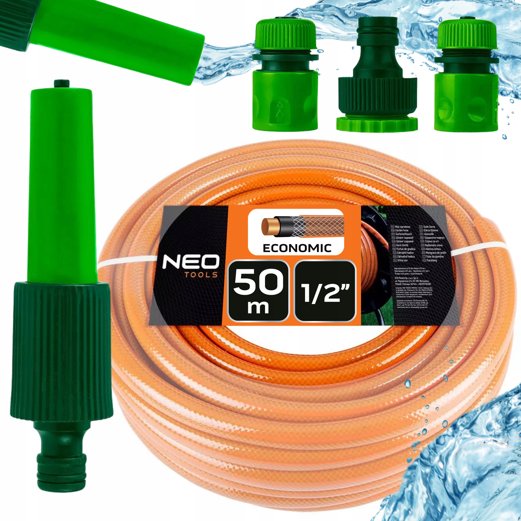 Neo Wąż Ogrodowy Mocny 50m 1/2" Zraszacz Złączki, Zestaw do Nawadniania