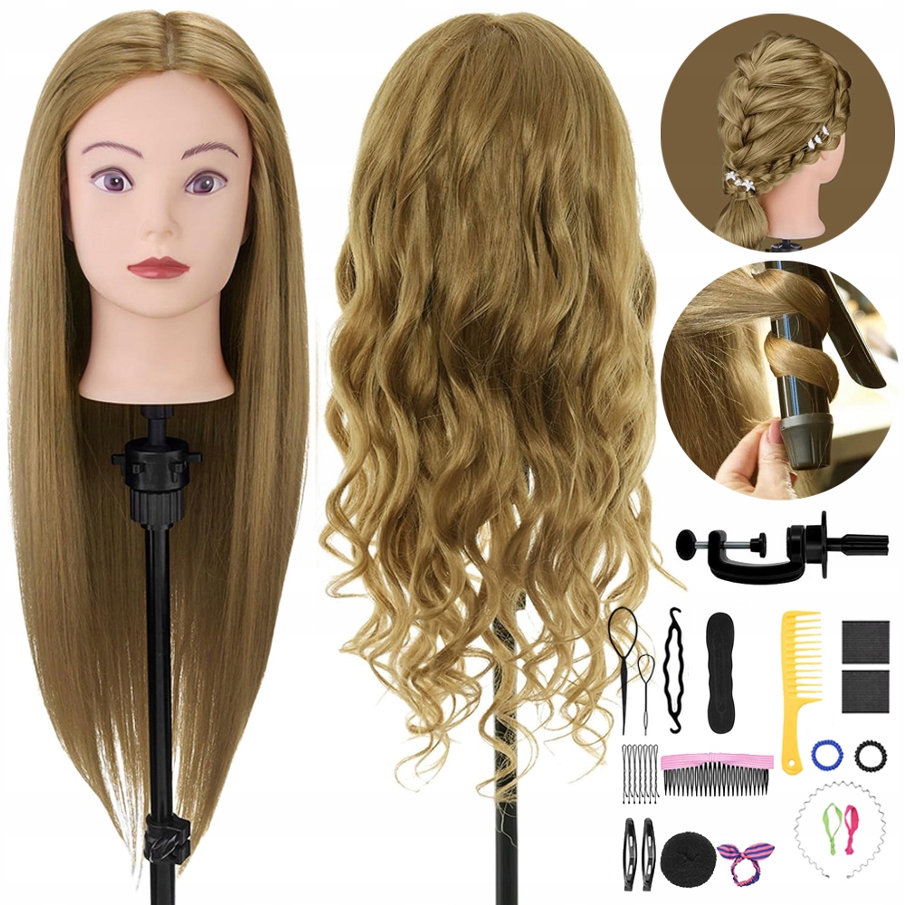 Kadeřnická Tréninková Hlava Přírodní 80% Lidská Na Česání 66 CM, Zlato