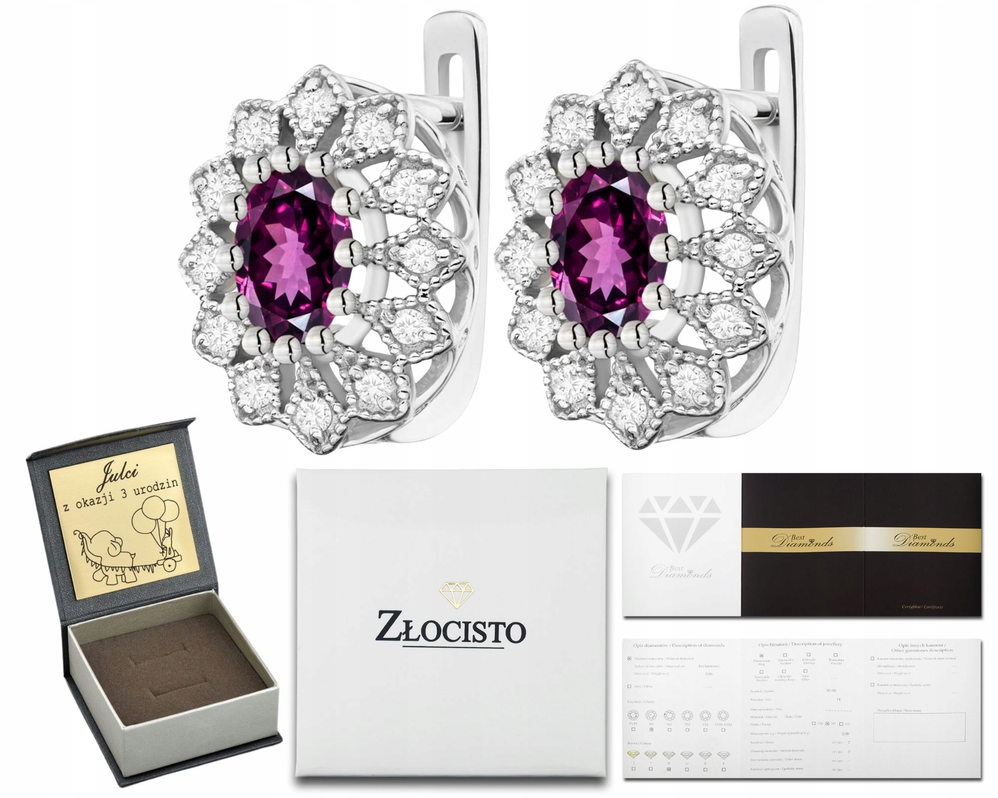 Náušnice Bílého Zlata S Přírodním Zlato Ryzost Rhodolitem A Diamanty Zlato 585 14K