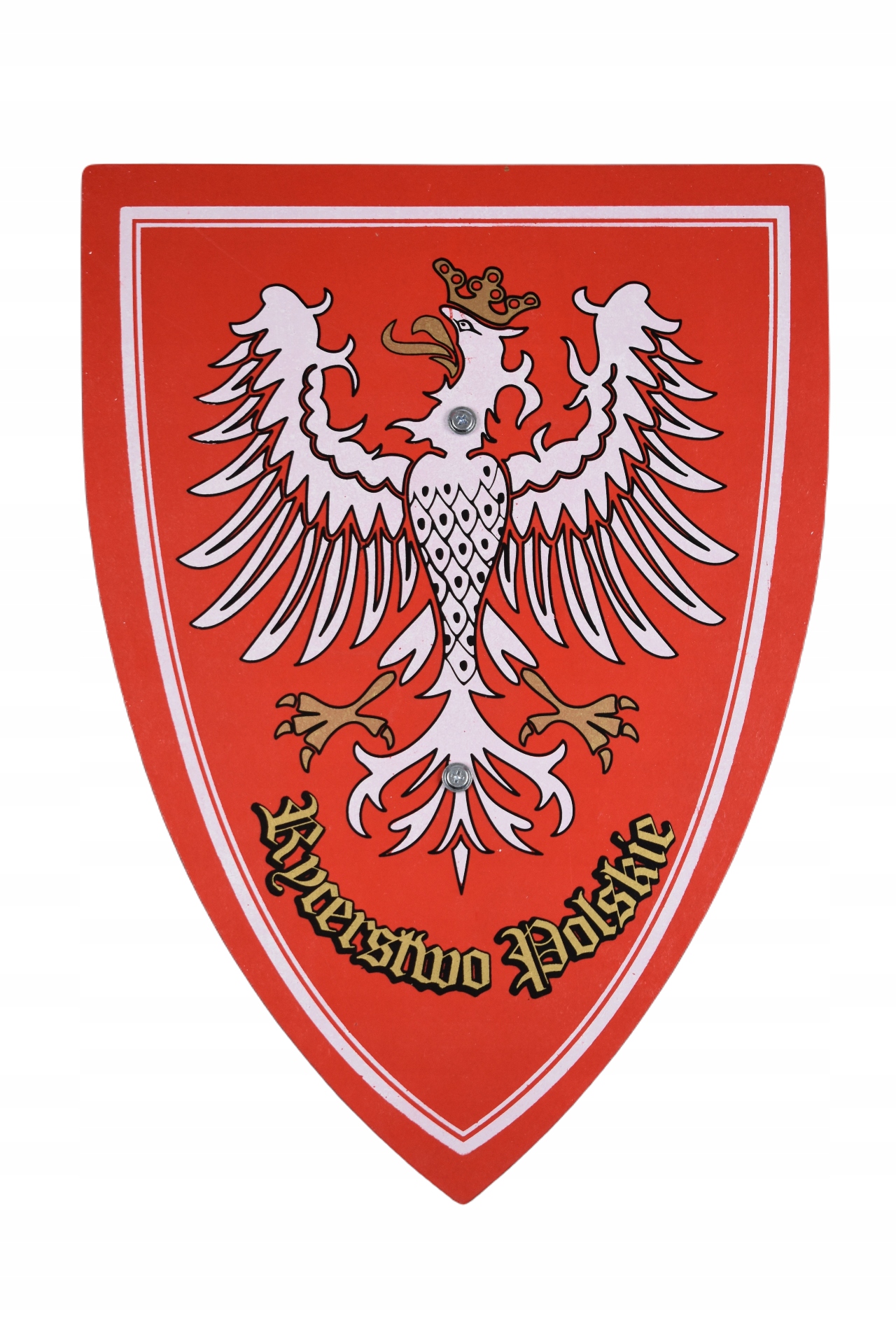 DREWNIANA TARCZA RYCERSKA CZERWONA POLSKA Z UCHWYTEM KOSTIUM RYCERZA