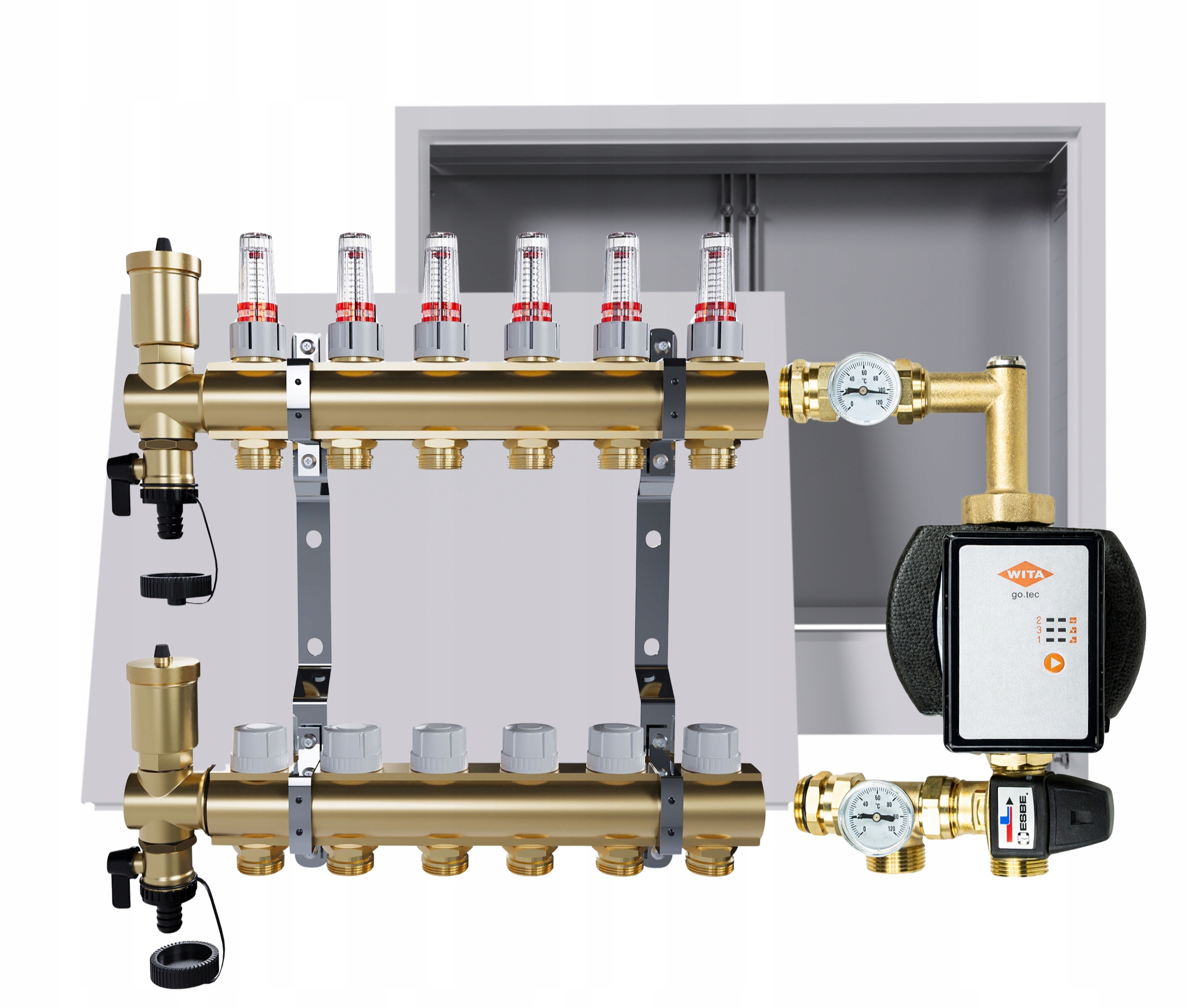 Rozdělovač pro podlahu 6 okruhů s skupinou Wita podomítková skříňka