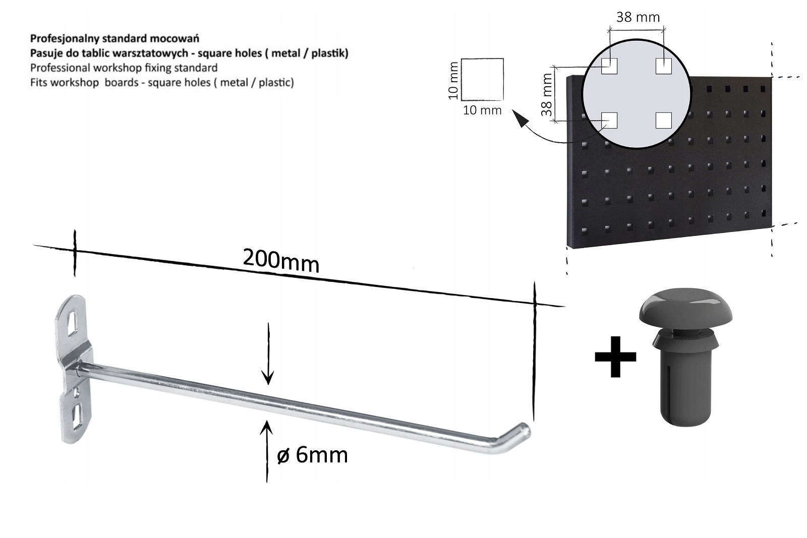 Uchwyt zawieszka hak do tablicy narzędziowej hak pojedynczy 200mm