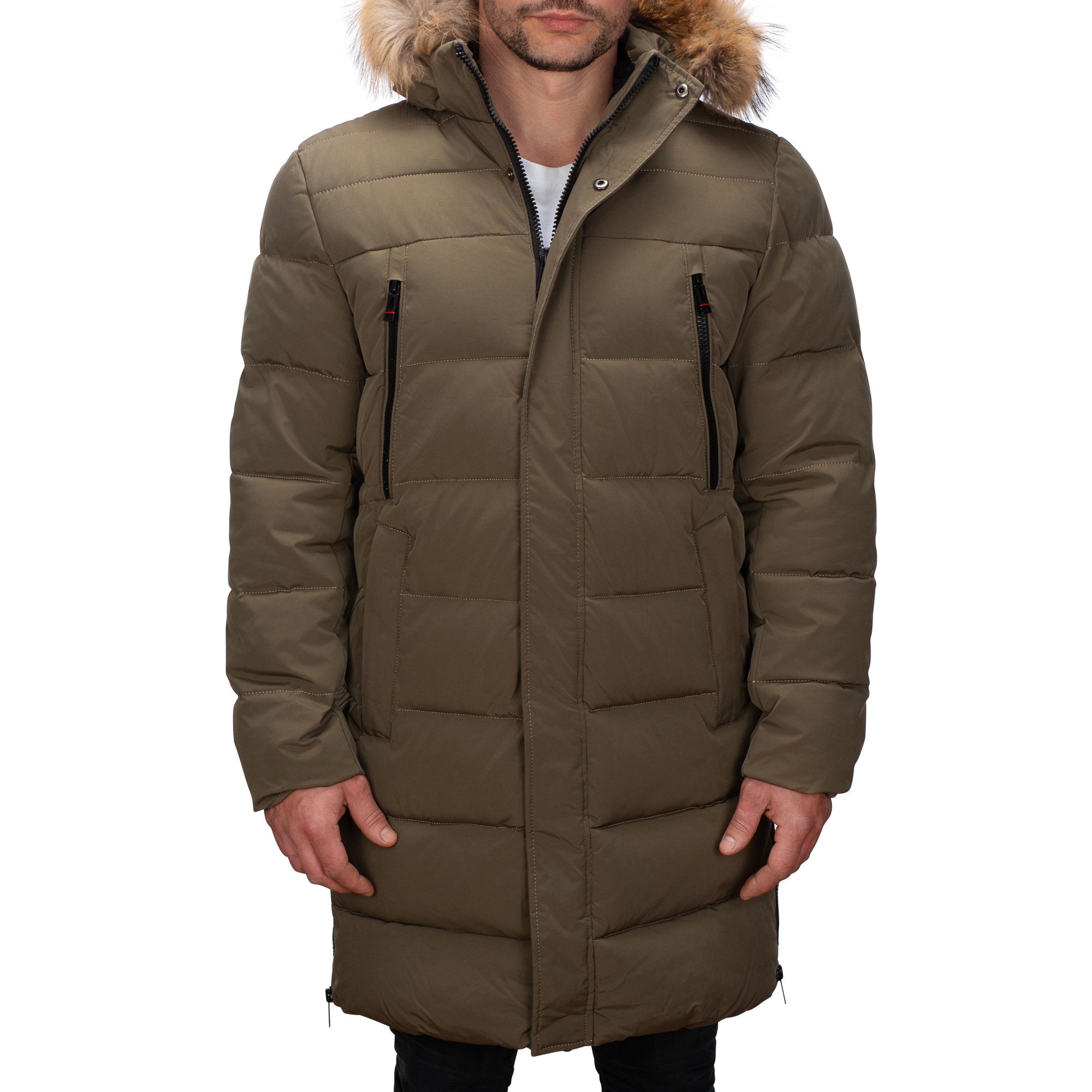 M9803-136 vel. S/48 Pánská Zimní Prošívaná Bunda Parka Dlouhá Kožešina