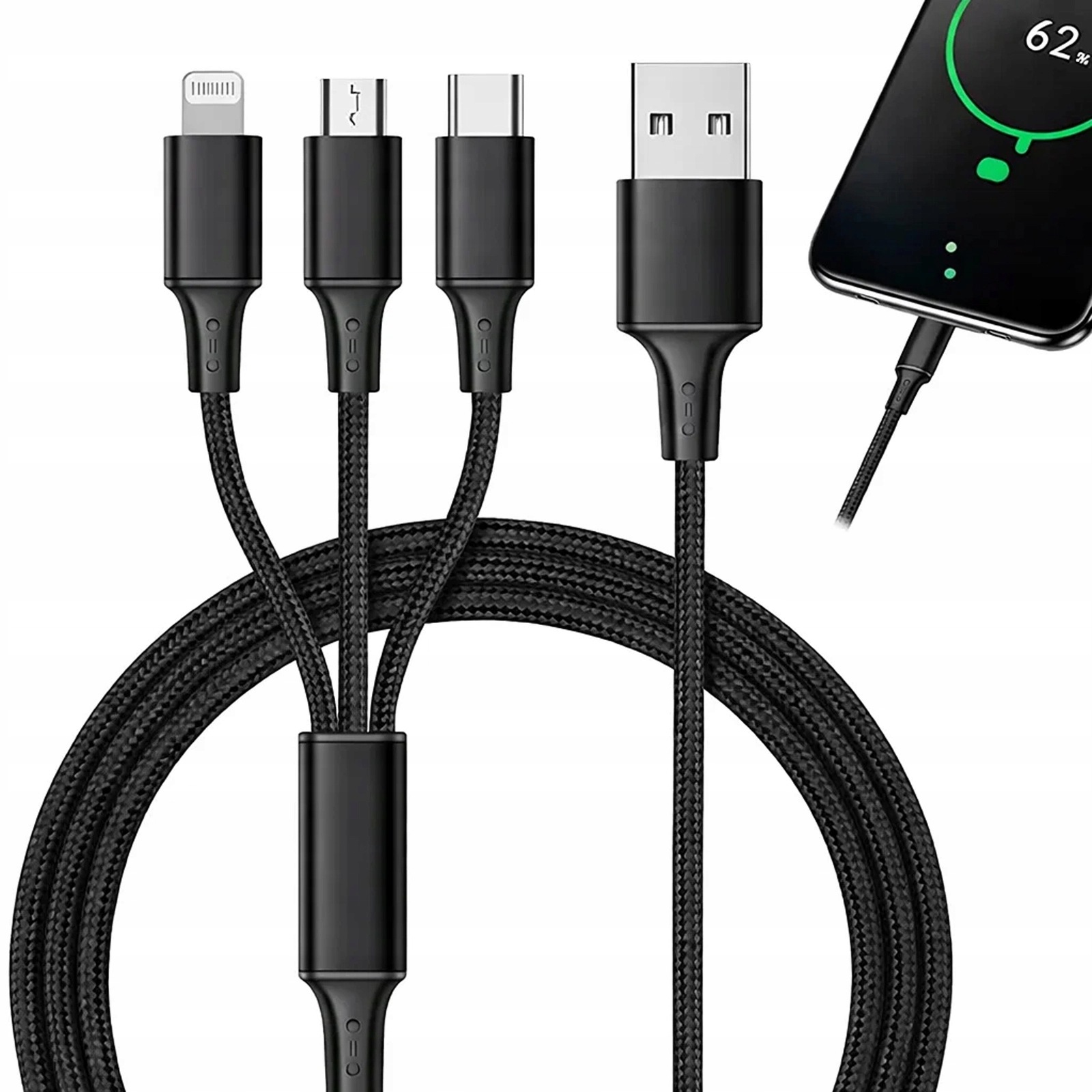 Kabel usb 3w1 szybkie ładowanie Usb C Lightning micro Usb 1,2 m