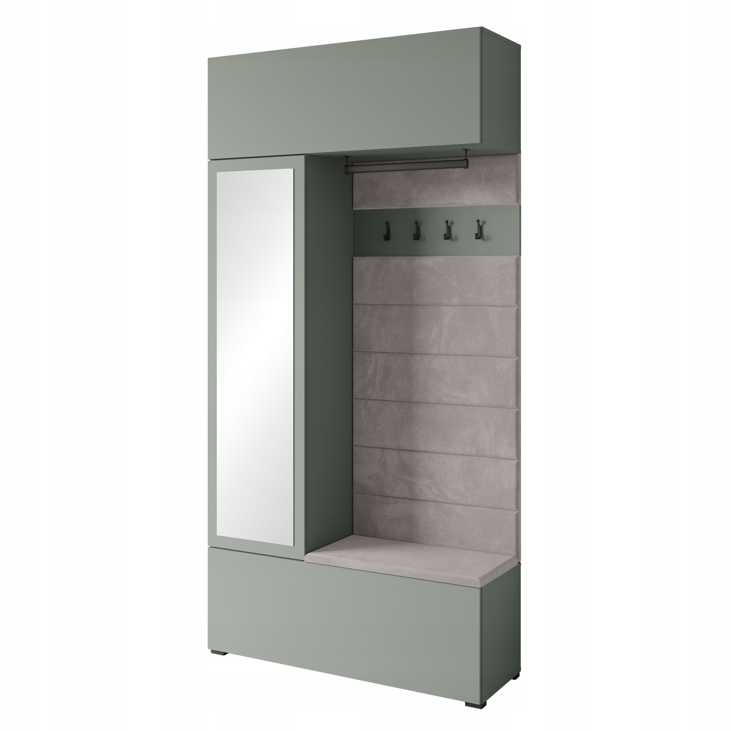 Šatní skříň do předsíně se zrcadlem, čalouněný sedák Mlhavě zeleň