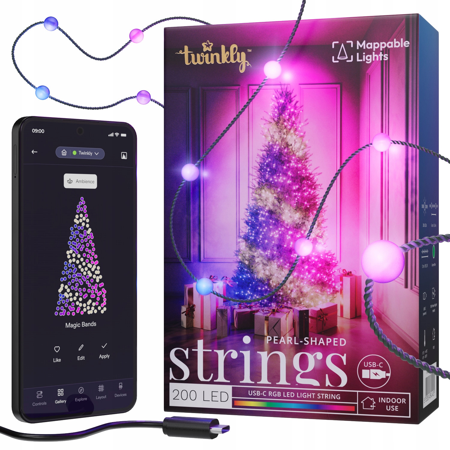 Twinkly Strings Usb Candies 200 Led Rgb, perly, 12 m, zelené opletení, Usb-c