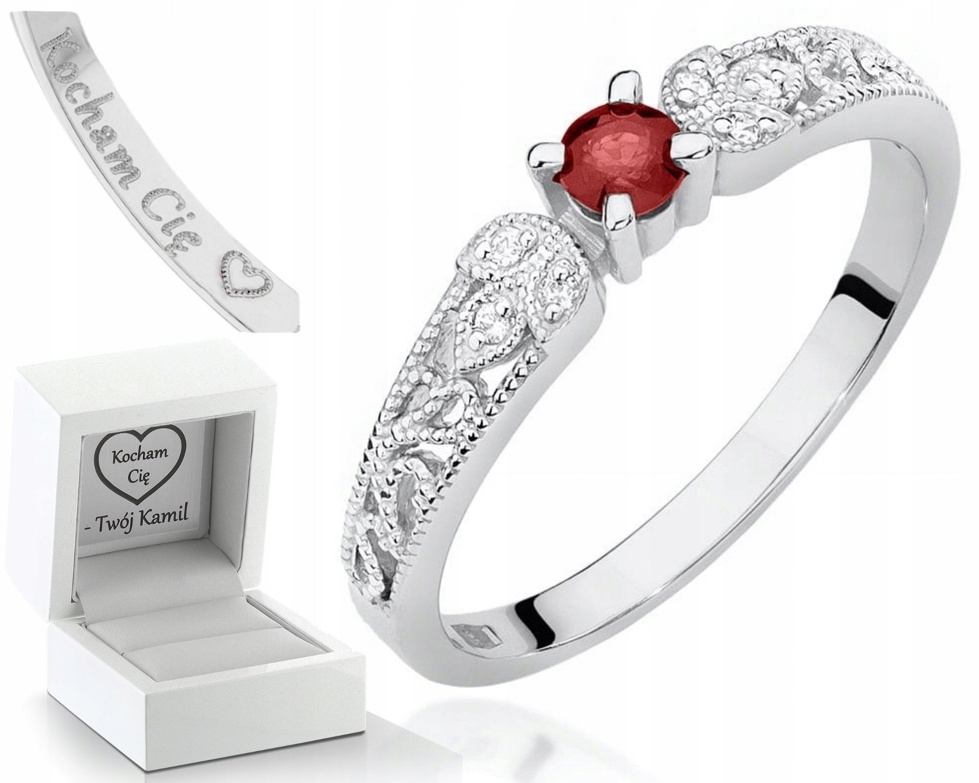 Bílé Zlato Prstýnek Rubín A Diamanty Gravírování