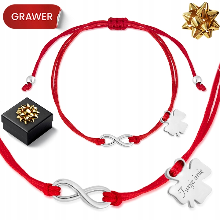Náramek Na Provázku Červený Dámský 925 Gravírování Jetel Nekonečno