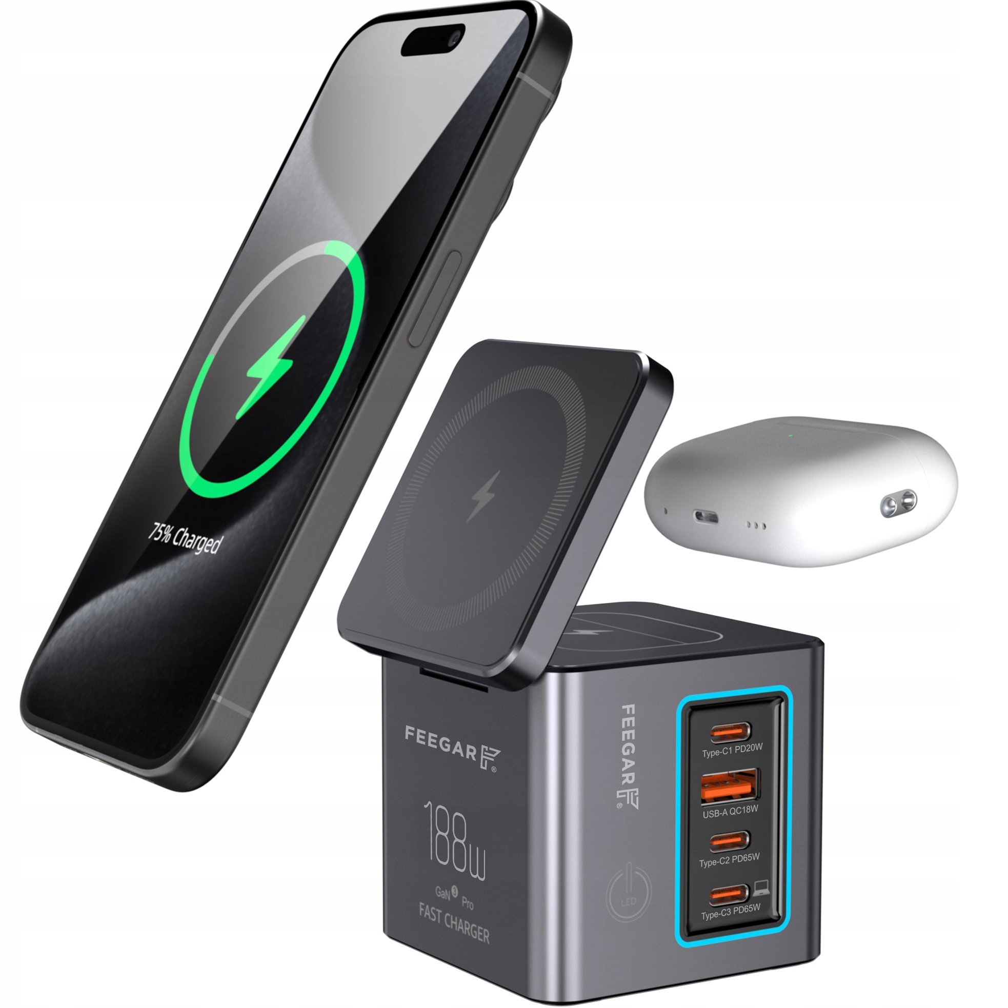 Usb síťová nabíječka Feegar Kombo 188W GaN3 Typ-C Usb-c Pd QC3.0 Indukce