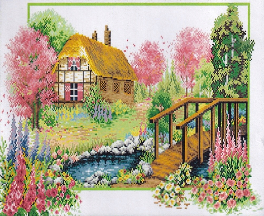 X003 Diy haft krzyżykowy zestaw mulina igły kanwa 55x45 nadruk 50x40 wiosn