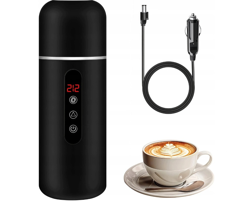 12/24V Elektrická varná konvice/termoska do auta s mícháním, 420 ml, černá