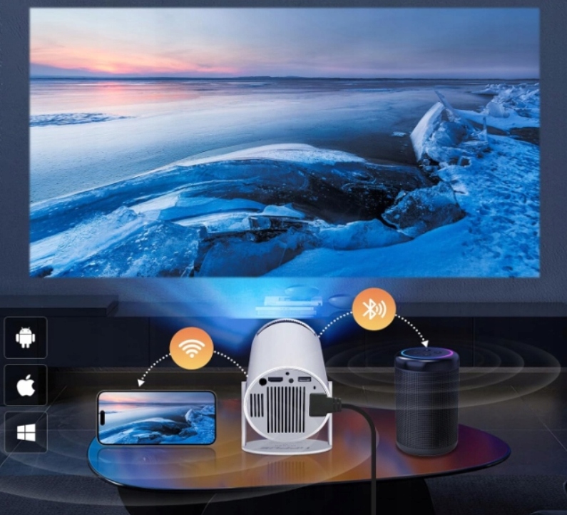PROJEKTOR RZUTNIK ANDROID TV WIFI FULL HD PRZENOŚNY SMART GŁOŚNIK OBROTOWY Złącza Audio OUT HDMI USB wyjście słuchawkowe