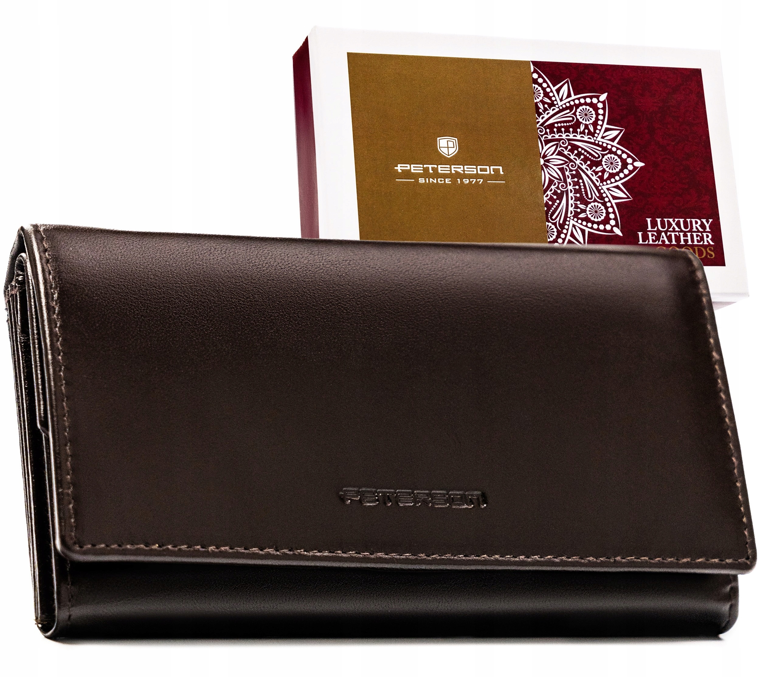 Portfel skórzany damski Rfid Stop skóra naturalna brązowy duży Peterson