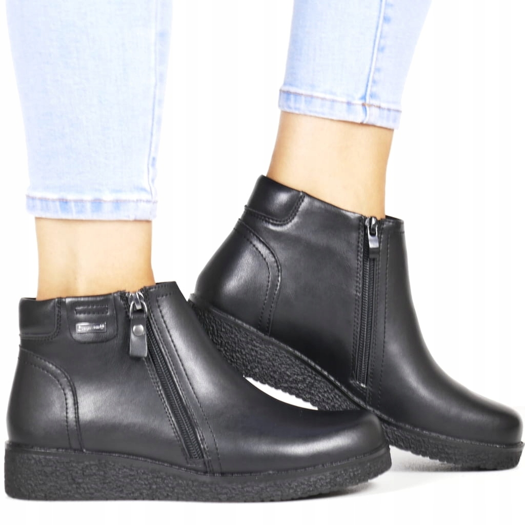 Dámské Kotníkové Boty Na Klínku, Černé, Pohodlné, Dva Zipy, Regulace Kůže