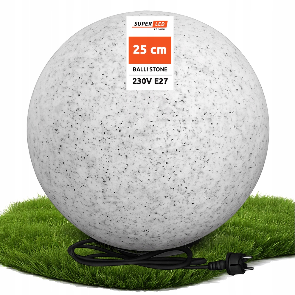Led zahradní koule 230V E27 25 cm imitace kamene s kabelem a zástrčkou
