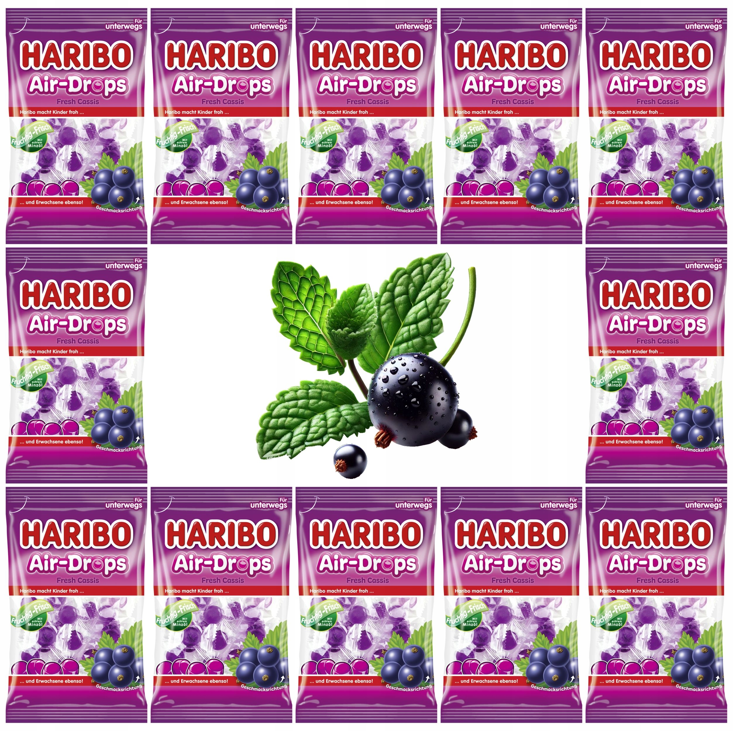 Haribo Cukierki gumowe żelki 12x100g Mięta Porzeczka Air-Drops Fresh Cassis