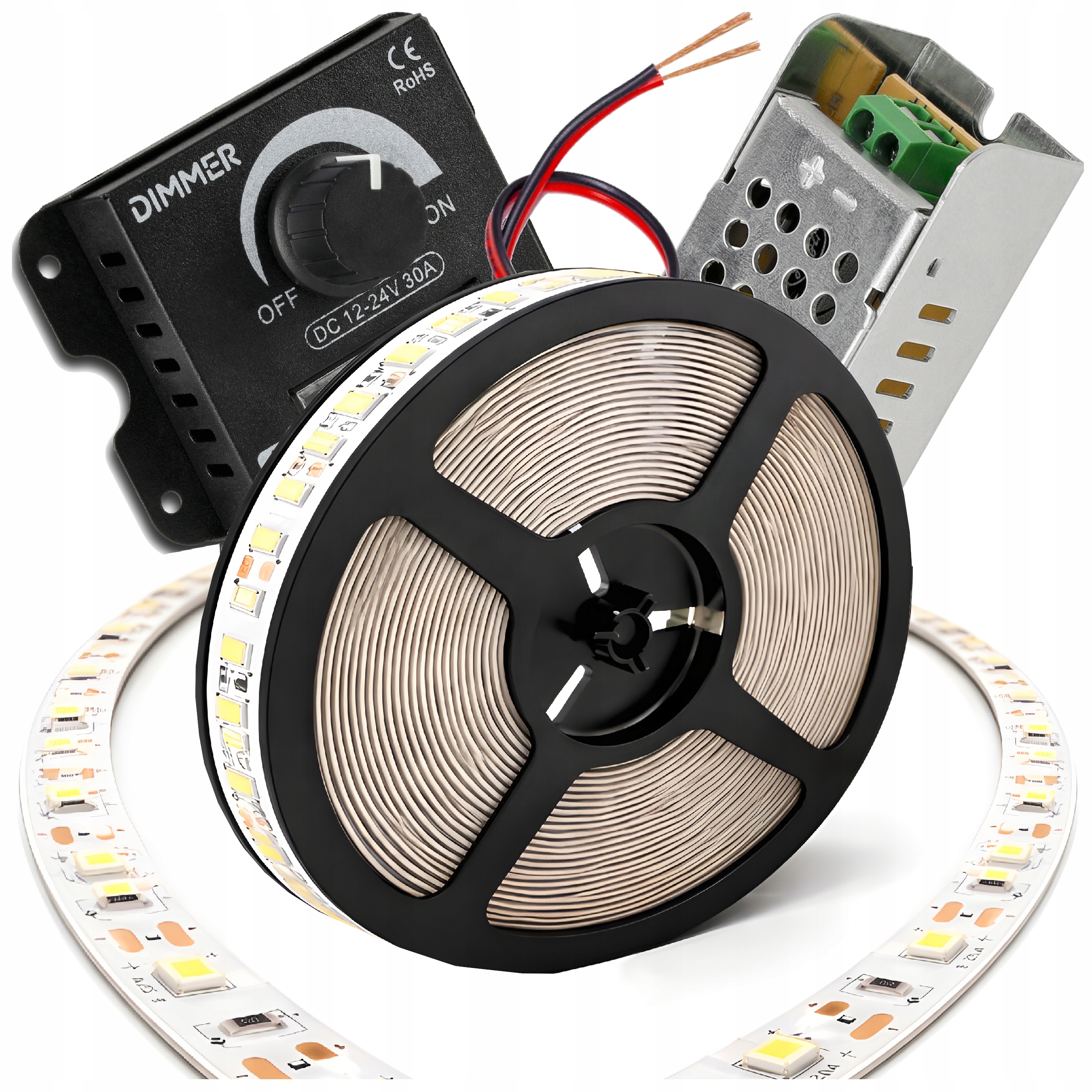 Zestaw Taśma LED SMD 24W 5m 1500LM LEKKIE JASNE ŚWIATŁO ZASILACZ ŚCIEMNIACZ