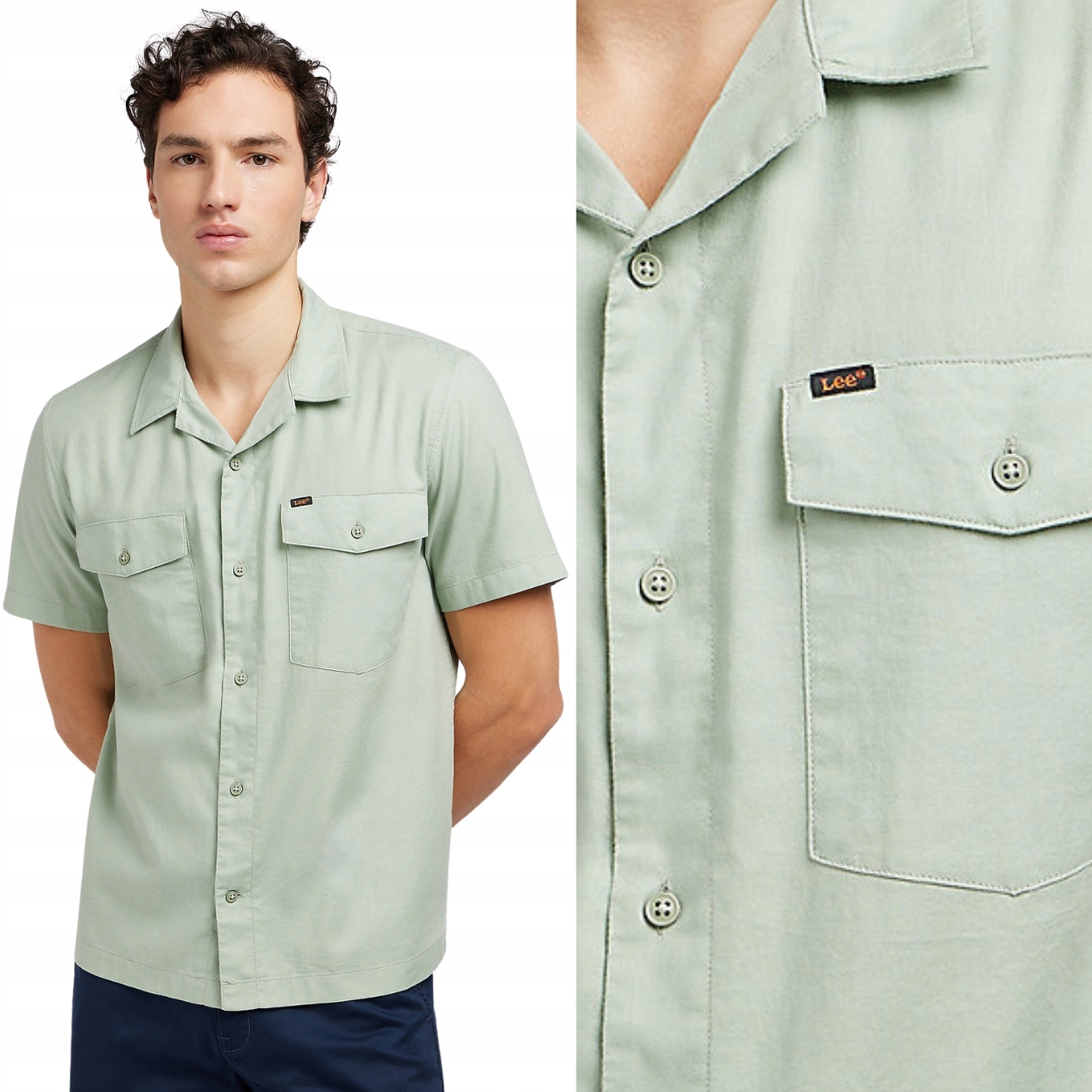 Lee Chetopa Shirt Grey Volná Zelená Bavlněná Košile S Krátkým Rukávem L