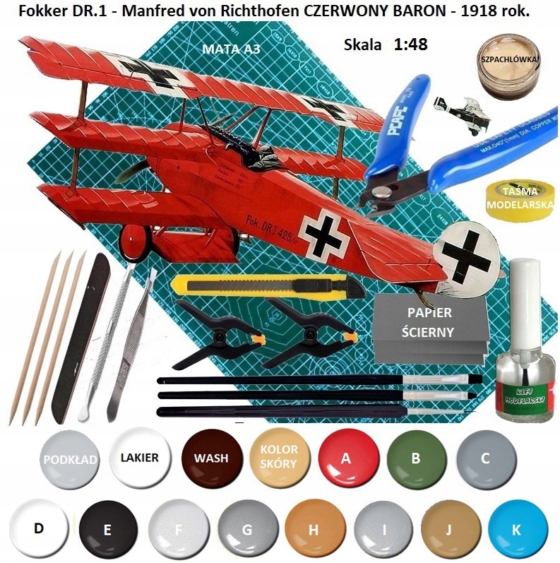 Model samolotu Fokker Dr.1 1:48 Red Baron mata samogojąca A3, farby...