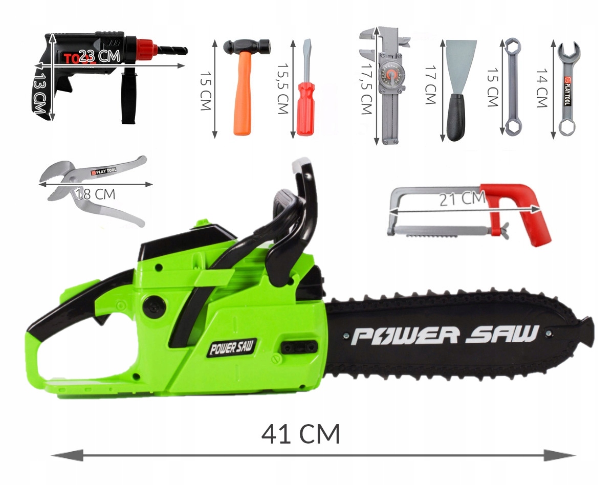 SKRZYNKA z narzędziami + PIŁA MOTOROWA dla dzieci ZESTAW Majsterkowicza XXL Efekty dźwiękowe ruchowe