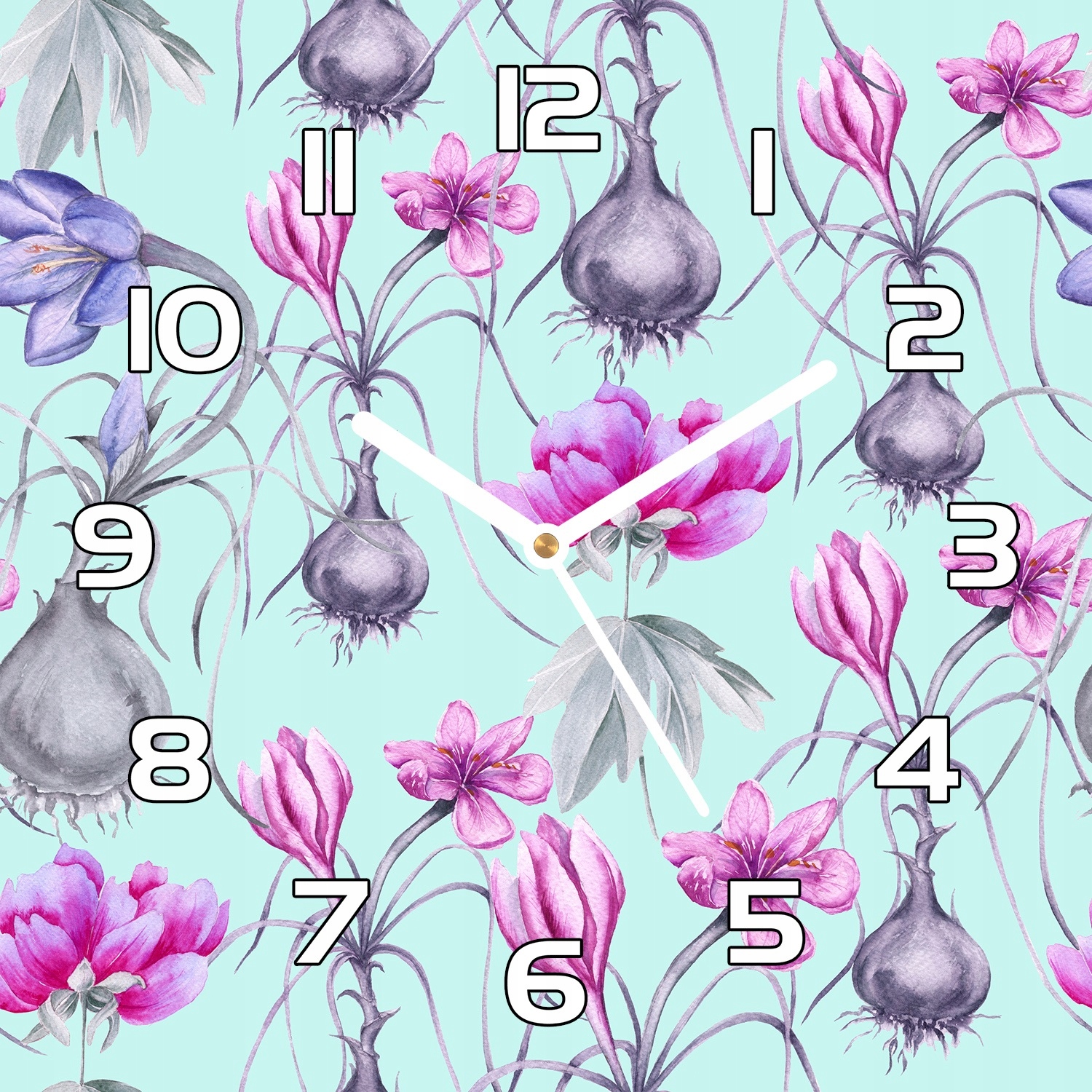 

Ładny zegar szklany Krokusy z cebulami 30x30 cm