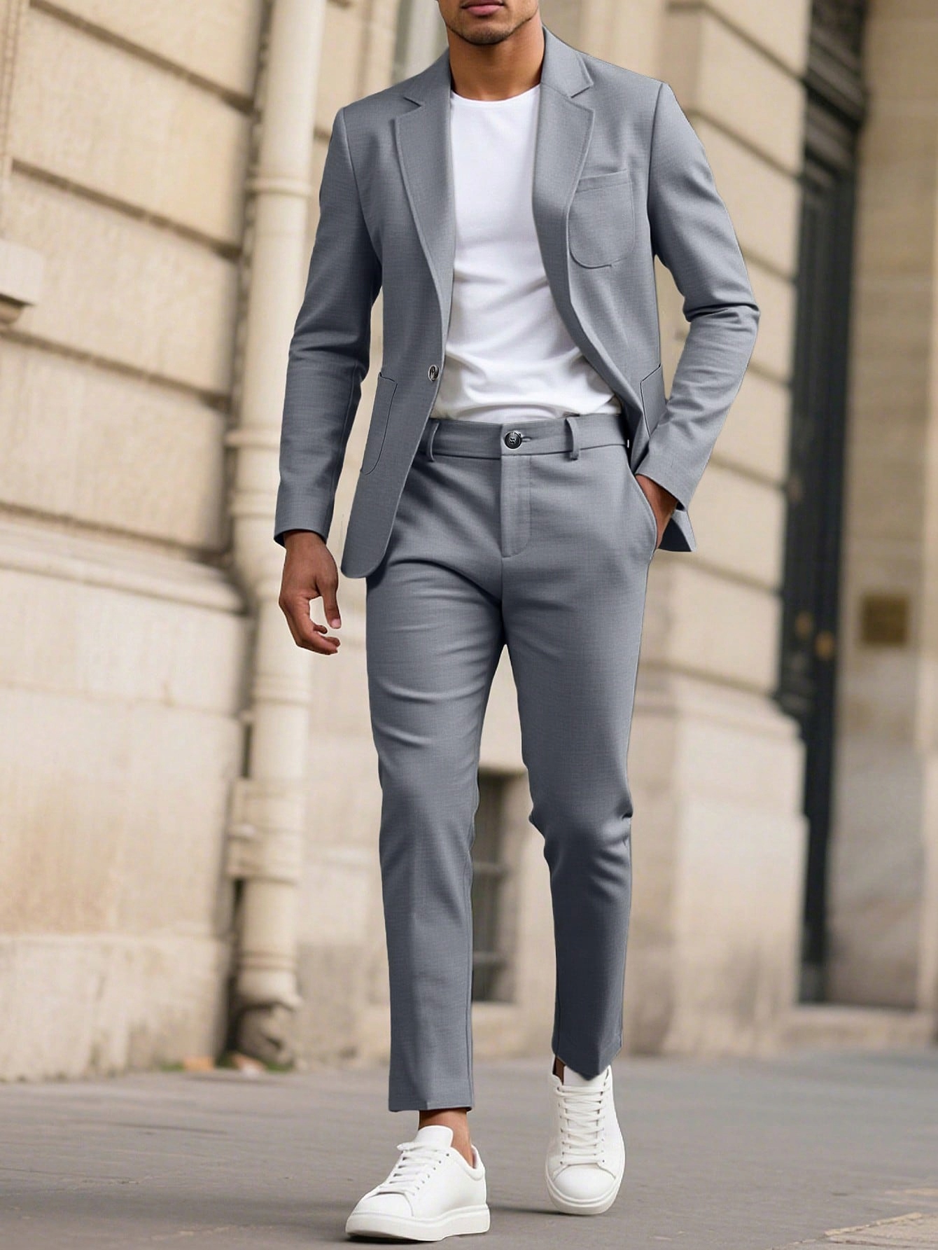 Shein Šedý Pánský Oblek Regular Jednořadý Elegantní S 1MA