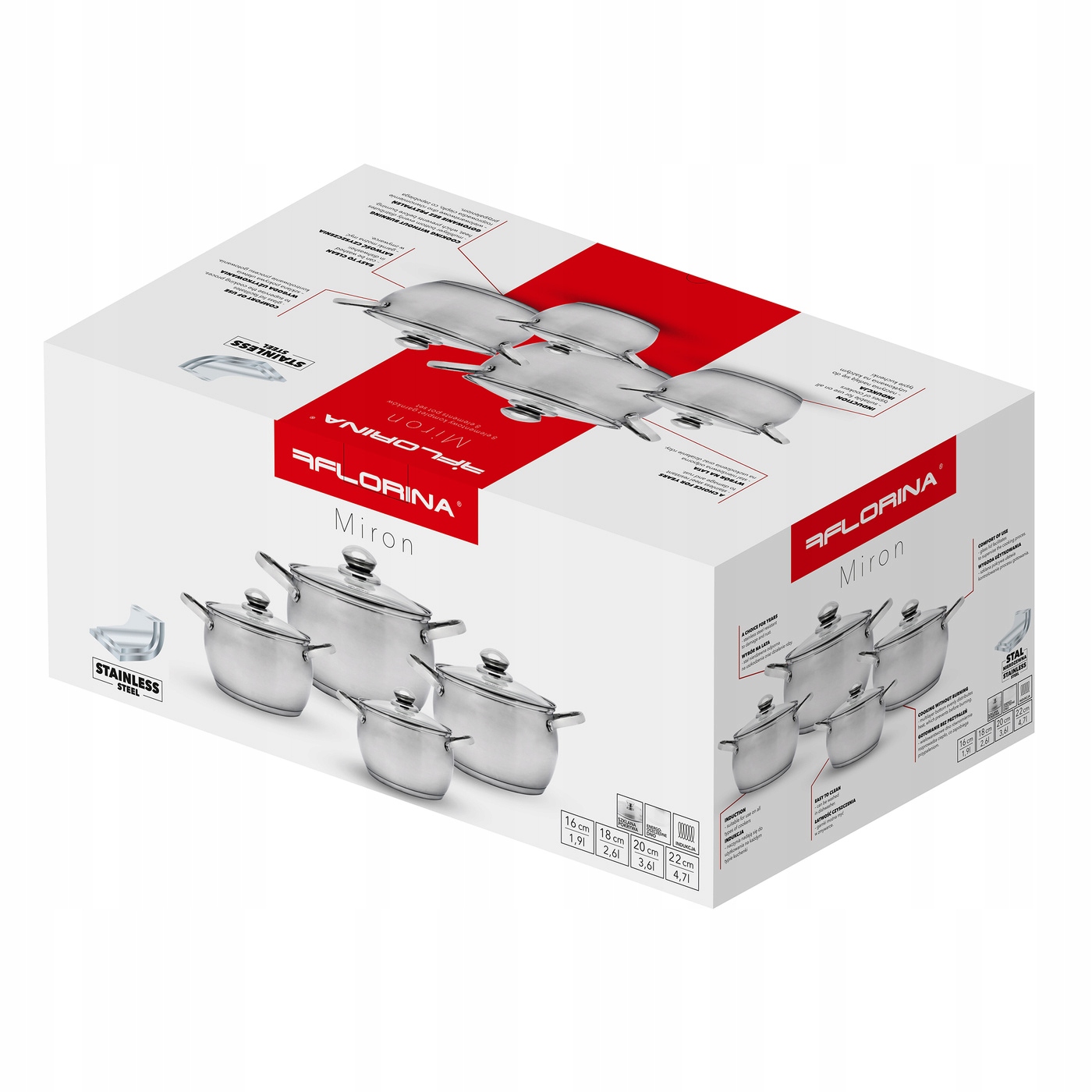Komplet garnków nierdzewnych Florina Miron 8 elementów na indukcję Liczba elementów w zestawie 8