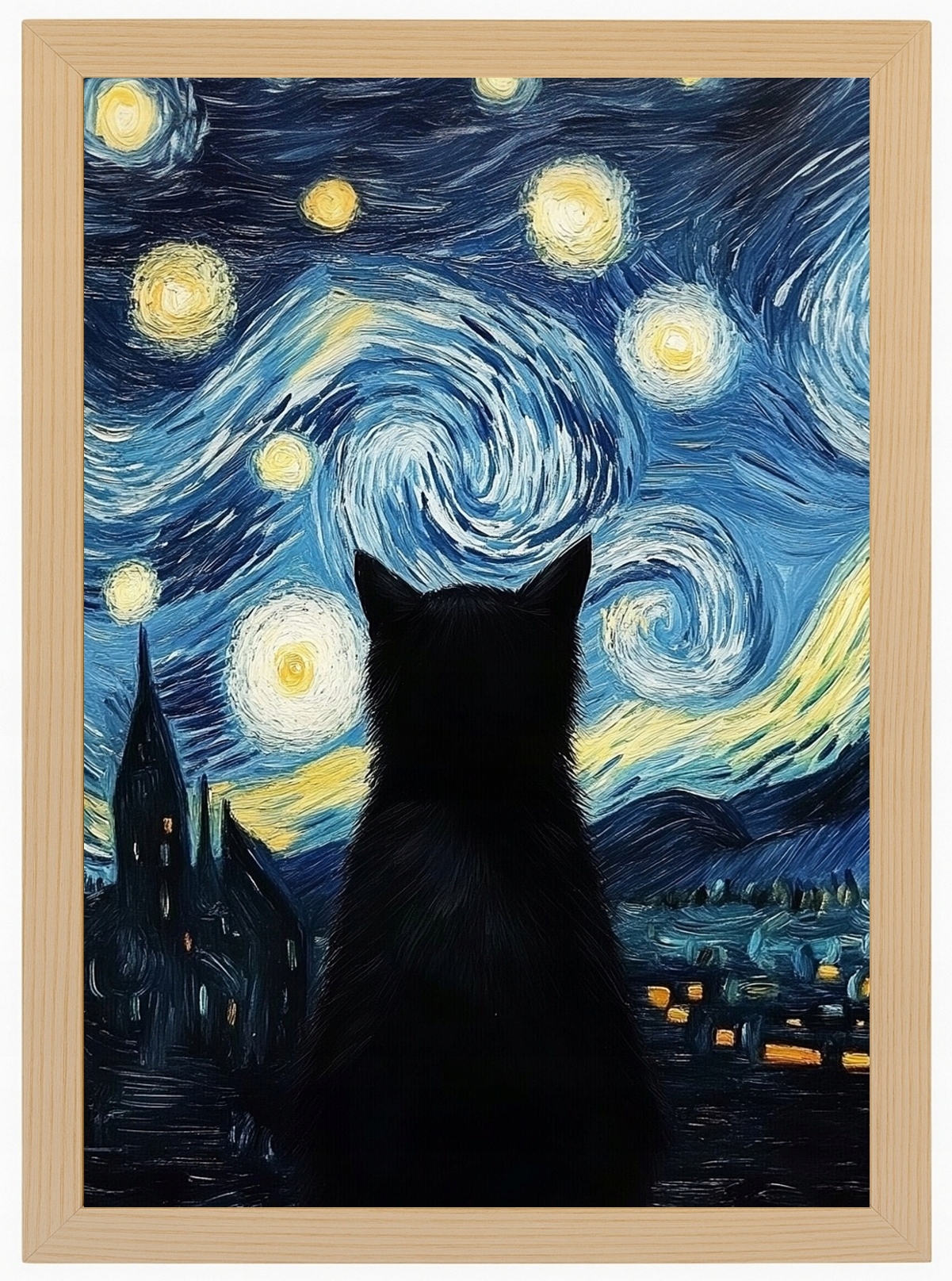 Plakát Rámeček Dřevo Van Gogh Styl Hvězdná Noc Černá Kočka 70x100