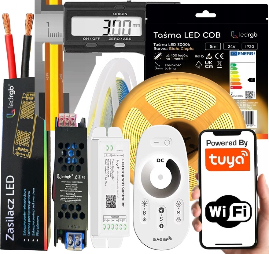 Set Led pásek Neon Cob 24V 5 m 3000K Bílý Wifi Ultra Tenký 3MM Dálkový Ovladač Rf
