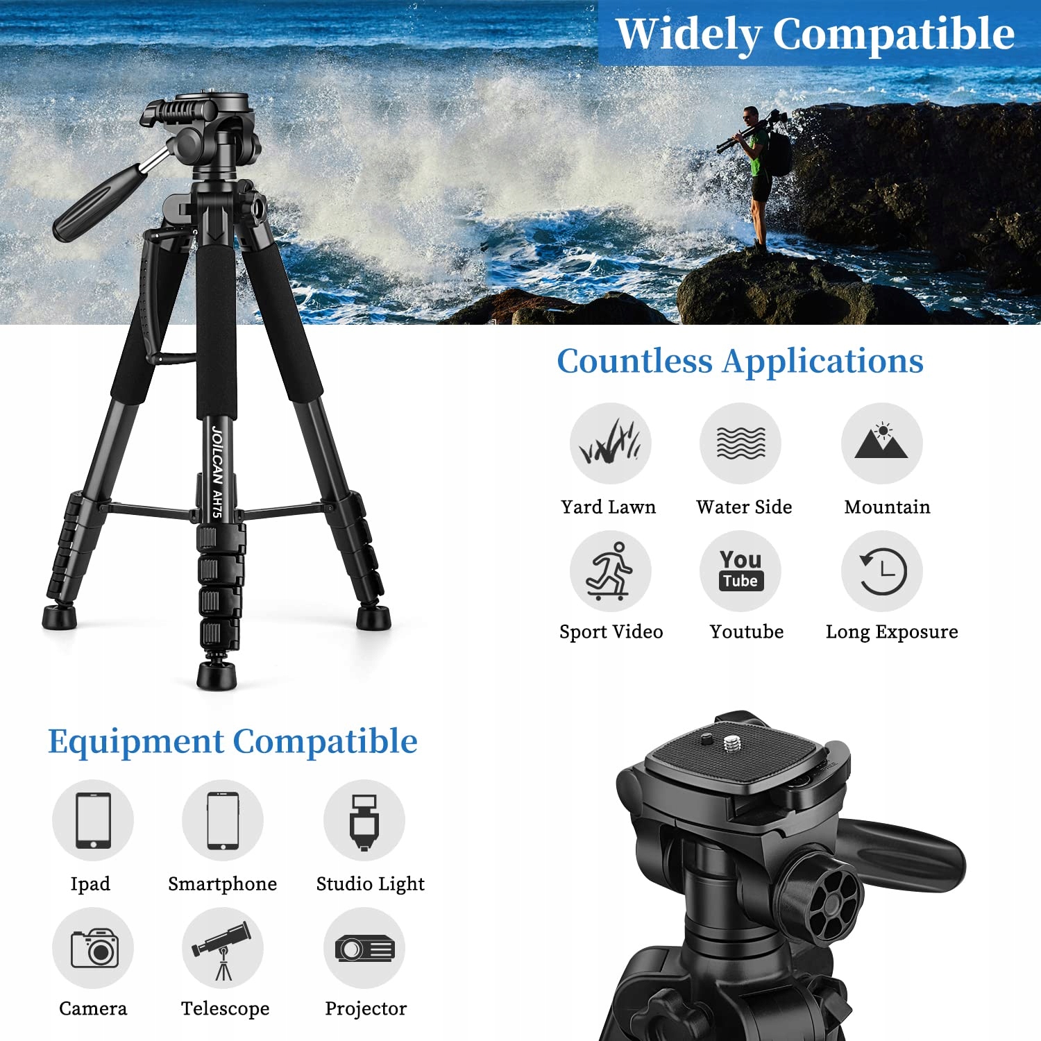 JOILCAN Statyw Fotograficzny 187cm Aluminiowy z Głowicą i Uchwyt na Telefon — miniatura 3