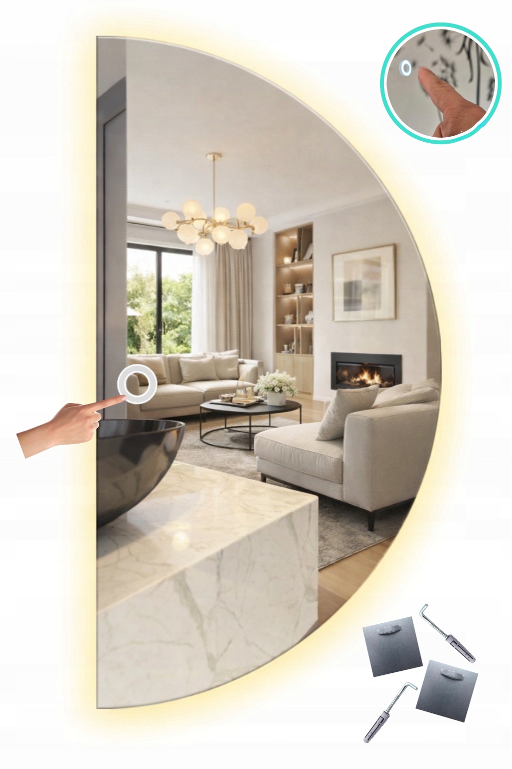 Polkruhové Zrkadlo Mesiac 120x60 Dotykový Vypínač Led Zrkadlo Cob