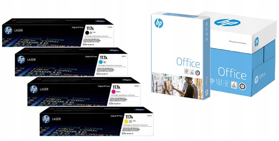 Komplet oryginalnych tonerów Hp 117A Bk Cmy papier Hp Office A4 karton