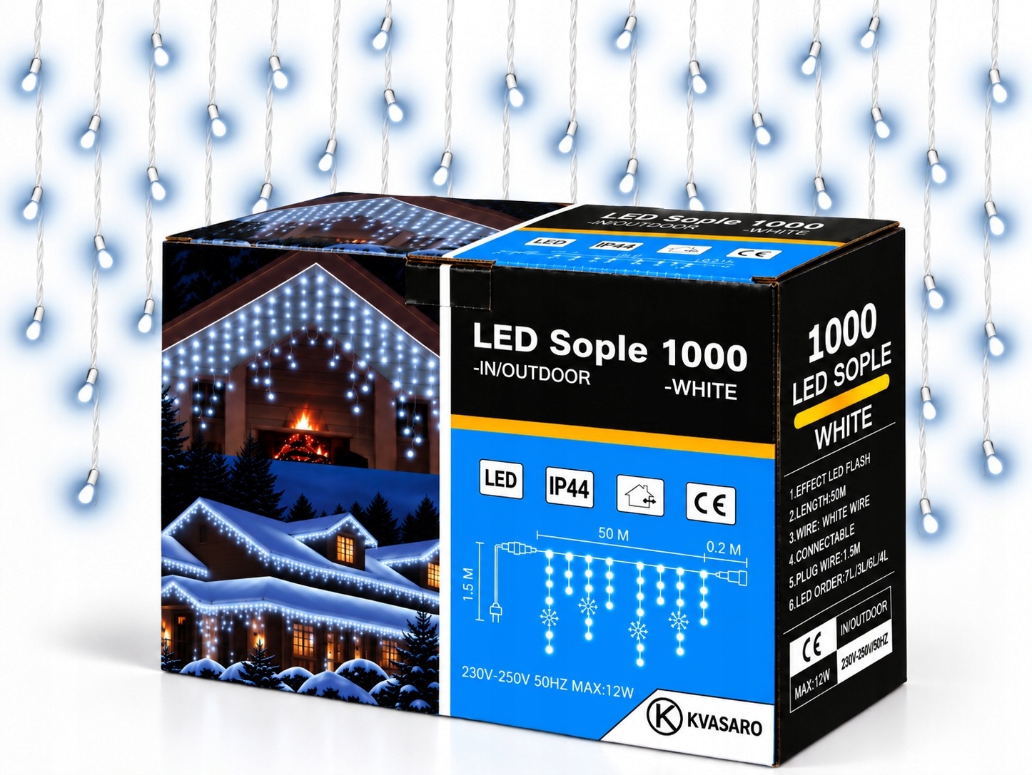 Rampouchy 1000 Led Záclona Venkovní Osvětlení IP44 Bílá Studená Studená Flash 50 M